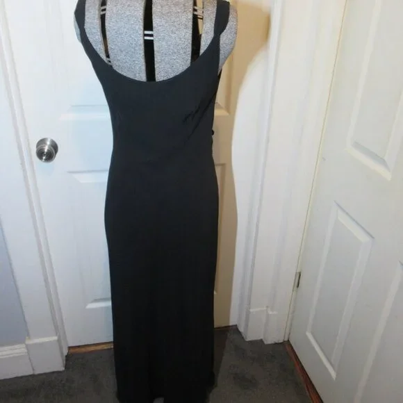 Adrianna Papell Black Chiffon Gown Floral Applique Beads EUC Whimsigoth Cowl - Picture 15 of 16